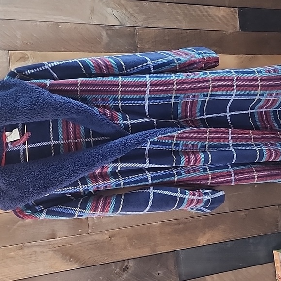 Vera Bradley Plush Fleece Robe w/Hood Blue Tartan Plaid Size L-XL - Picture 2 of 7